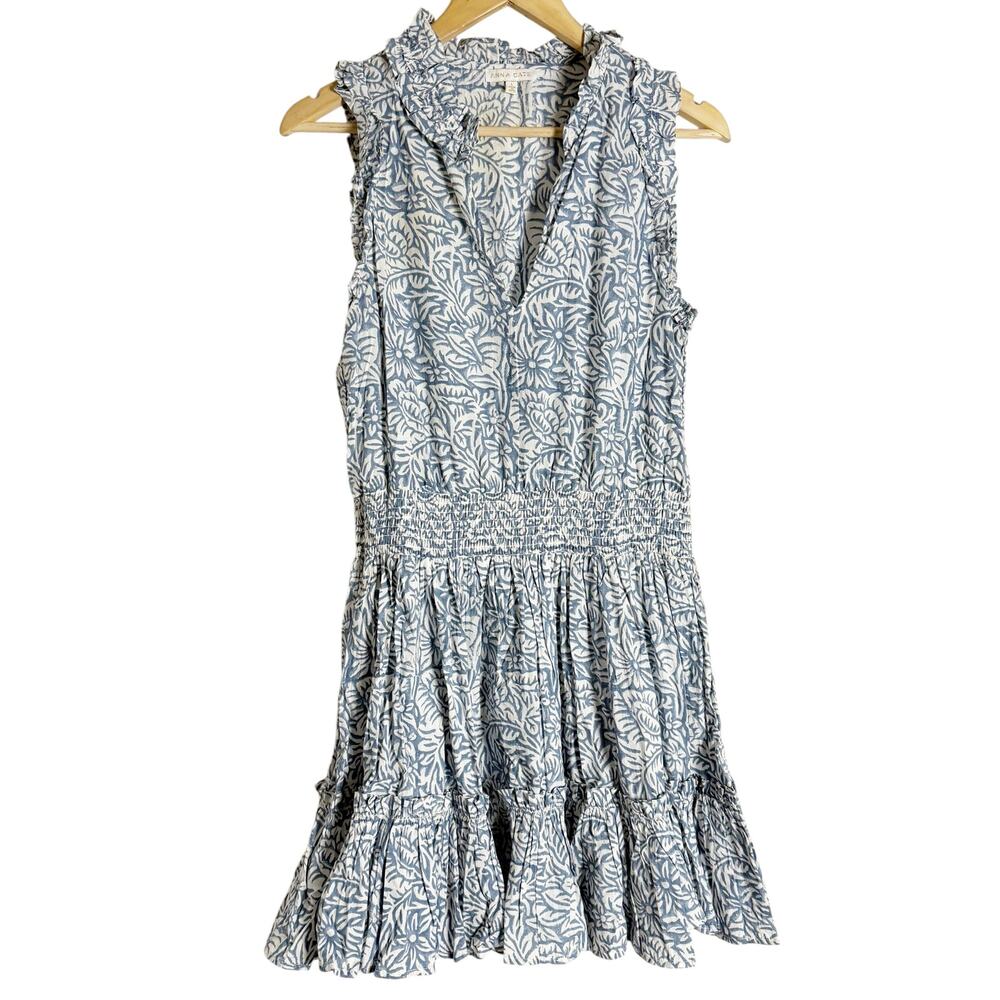 Anna Cate Blue Floral Print Smocked Sleeveless Split Neck A-Line Mini Dress L